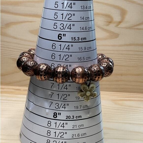 Copper Tone Square Etching Flower Dangle Charm Stretch Bracelet - Picture 2 of 3